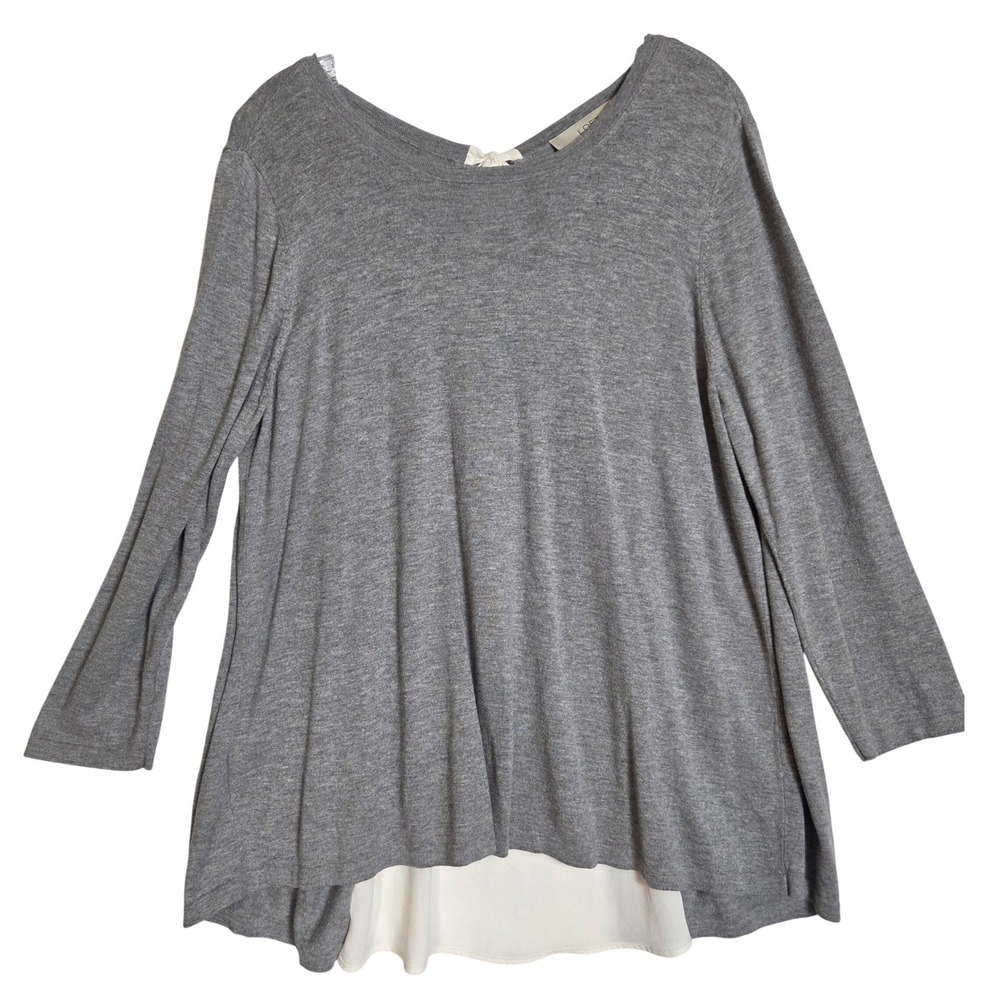 LOFT Layered Knit Sweater Top Women XL Gray Split Sheer Back Bow Silk Blend